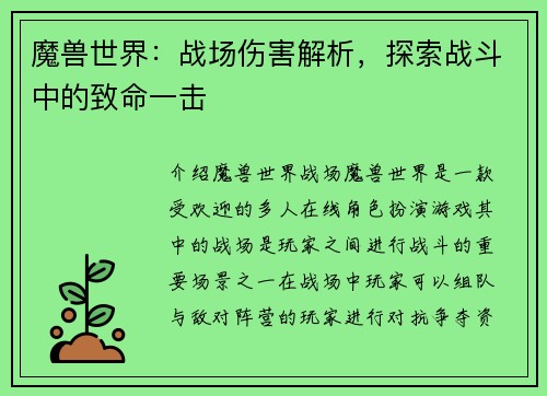 魔兽世界：战场伤害解析，探索战斗中的致命一击